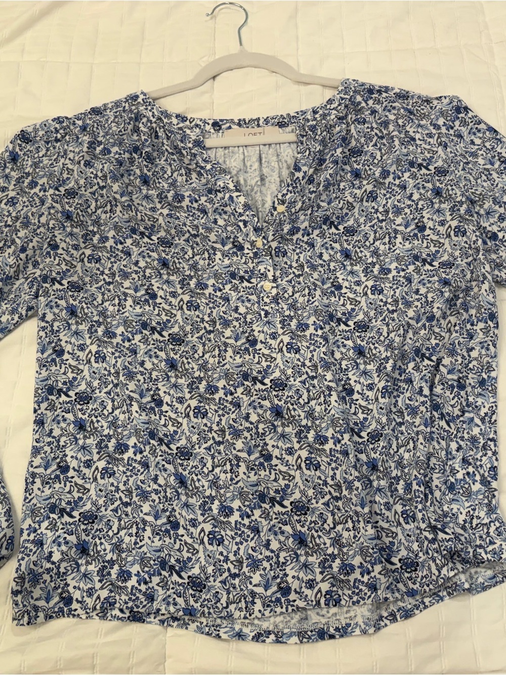 LOFT White Blouse with Blue Floral Print